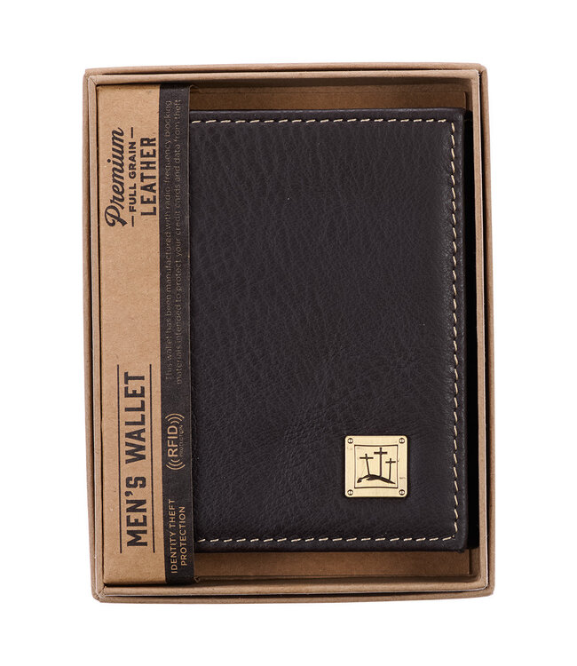 Three Crosses Espresso Brown Full Grain Leather Trifold Wallet | 「Three Crosses」咖啡色全粒面真皮三摺錢包