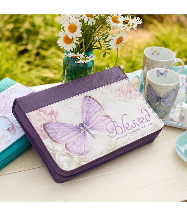 Blessed Purple Butterfly Blessings Faux Leather Fashion Bible Cover - Jeremiah 17:7 時尚仿皮聖經套