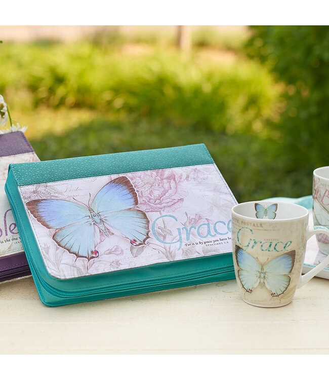 Grace Butterfly Blessings Teal Faux Leather Fashion Bible Cover - Ephesians 2:8 時尚仿皮聖經套