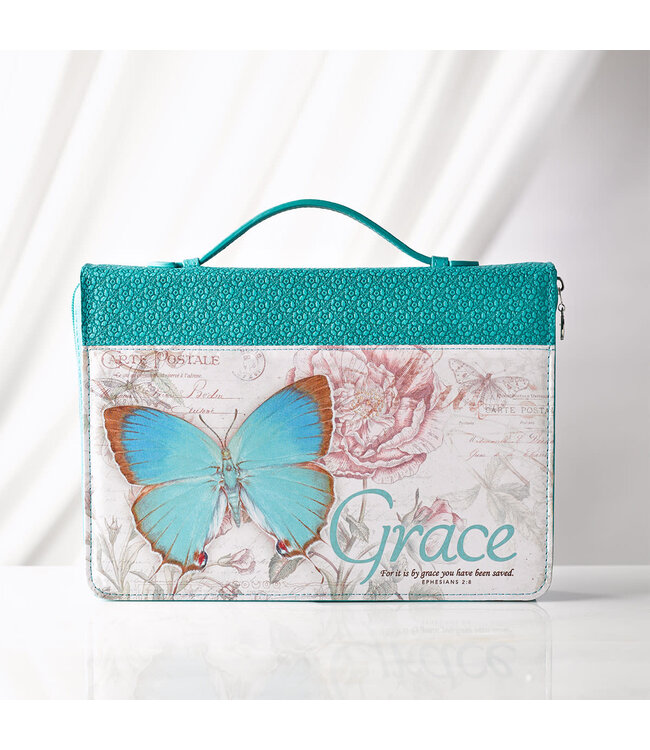 Grace Butterfly Blessings Teal Faux Leather Fashion Bible Cover - Ephesians 2:8 時尚仿皮聖經套