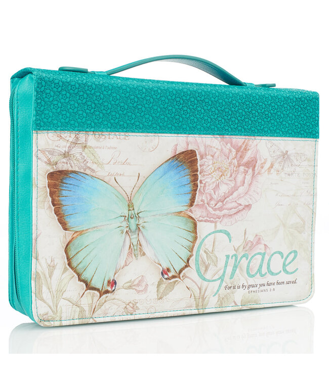 Grace Butterfly Blessings Teal Faux Leather Fashion Bible Cover - Ephesians 2:8 時尚仿皮聖經套