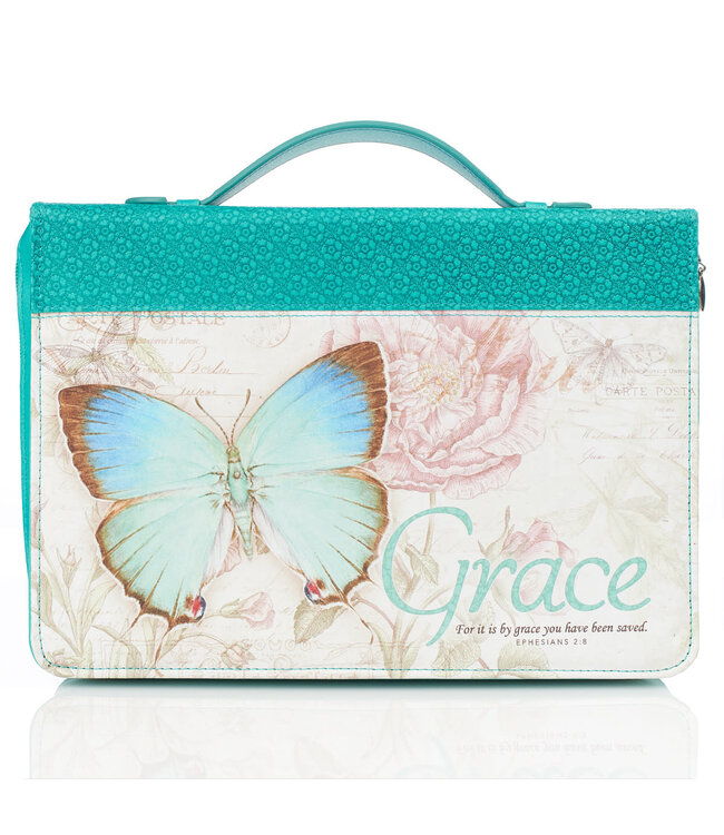 Grace Butterfly Blessings Teal Faux Leather Fashion Bible Cover - Ephesians 2:8 時尚仿皮聖經套