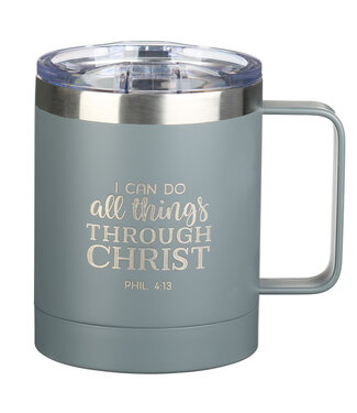 Christian Art Gifts I Can Do All Things Camp Style Stainless Steel Mug in Gray - Philippians 3:14 | "我靠著那加給我力量的，凡事都能做" 灰色營風不銹鋼杯 - 腓立比書 4:13