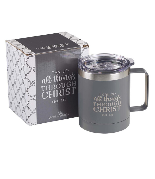 I Can Do All Things Camp Style Stainless Steel Mug in Gray - Philippians 3:14 | "我靠著那加給我力量的，凡事都能做" 灰色營風不銹鋼杯 - 腓立比書 4:13