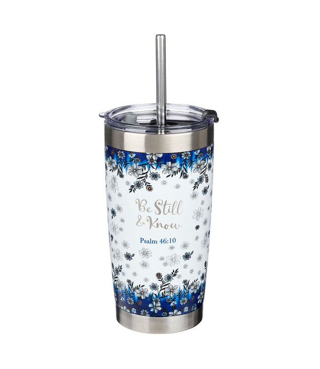 Be Still & Know Blue Floral Stainless Steel Travel Mug with Reusable Stainless Steel Straw - Psalm 46:10 | 藍色花卉不鏽鋼旅行馬克杯，附有可重複使用的不鏽鋼吸管 - 詩篇 46:10