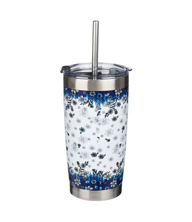 Be Still & Know Blue Floral Stainless Steel Travel Mug with Reusable Stainless Steel Straw - Psalm 46:10 | 藍色花卉不鏽鋼旅行馬克杯，附有可重複使用的不鏽鋼吸管 - 詩篇 46:10