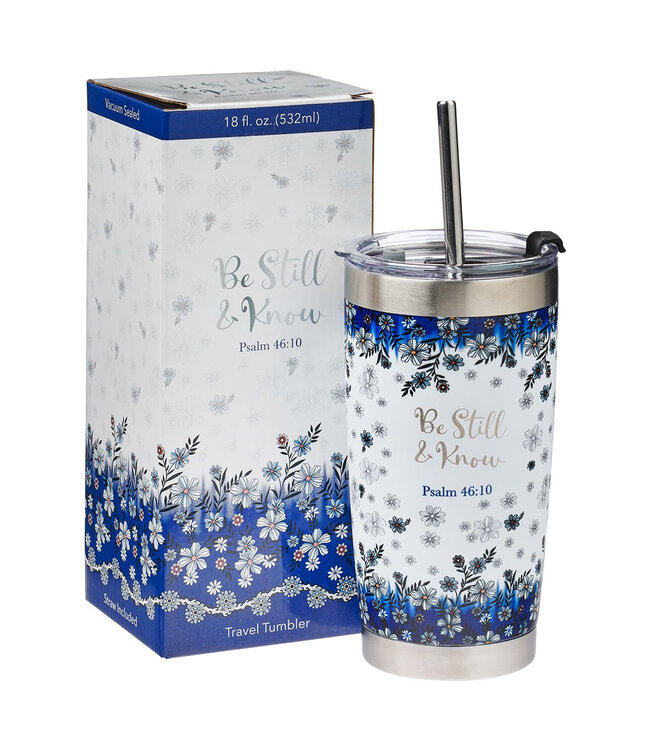 Be Still & Know Blue Floral Stainless Steel Travel Mug with Reusable Stainless Steel Straw - Psalm 46:10 | 藍色花卉不鏽鋼旅行馬克杯，附有可重複使用的不鏽鋼吸管 - 詩篇 46:10