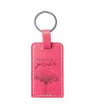 Christian Art Gifts All Things are Possible Bright Pink Faux Leather Key Ring - Matthew 19:26 | 明亮粉紅仿皮鑰匙圈 - 馬太福音 19:26