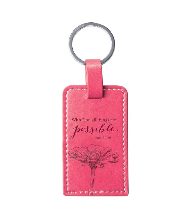 All Things are Possible Bright Pink Faux Leather Key Ring - Matthew 19:26 | 明亮粉紅仿皮鑰匙圈 - 馬太福音 19:26