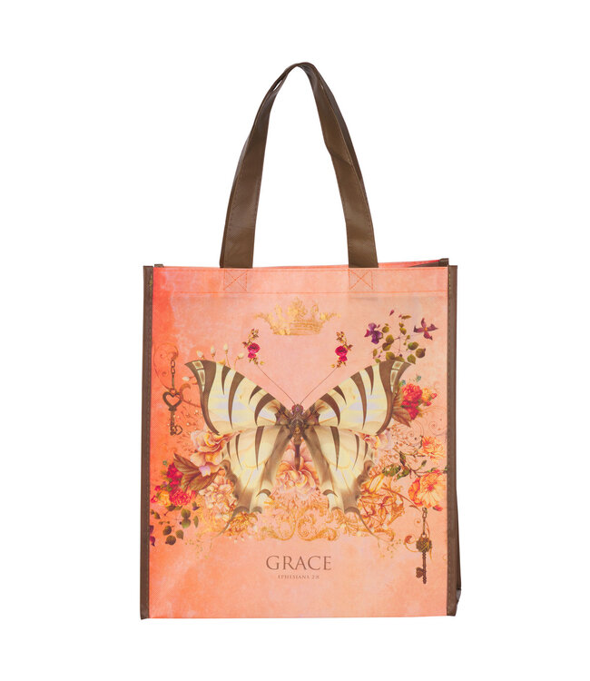 Grace Butterfly Orange Non-Woven Coated Tote Bag - Ephesians 2:8 | 橙色塗層非織布環保袋 - 以弗所書 2:8