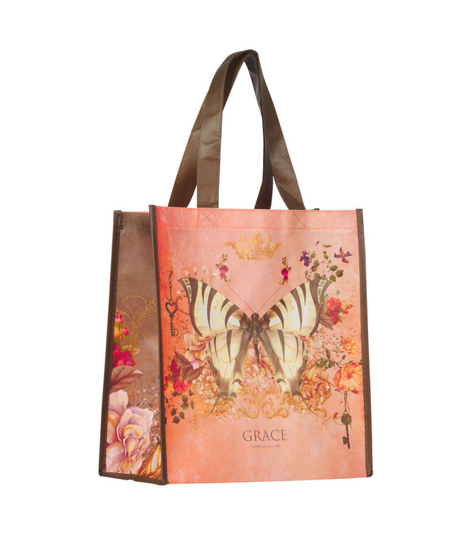 Grace Butterfly Orange Non-Woven Coated Tote Bag - Ephesians 2:8 | 橙色塗層非織布環保袋 - 以弗所書 2:8