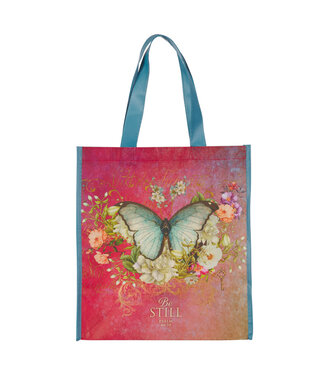 Christian Art Gifts Be Still Butterfly Pink Non-Woven Coated Tote Bag - Psalm 46:10 | 粉紅非織造塗層環保袋 - 詩篇 46:10