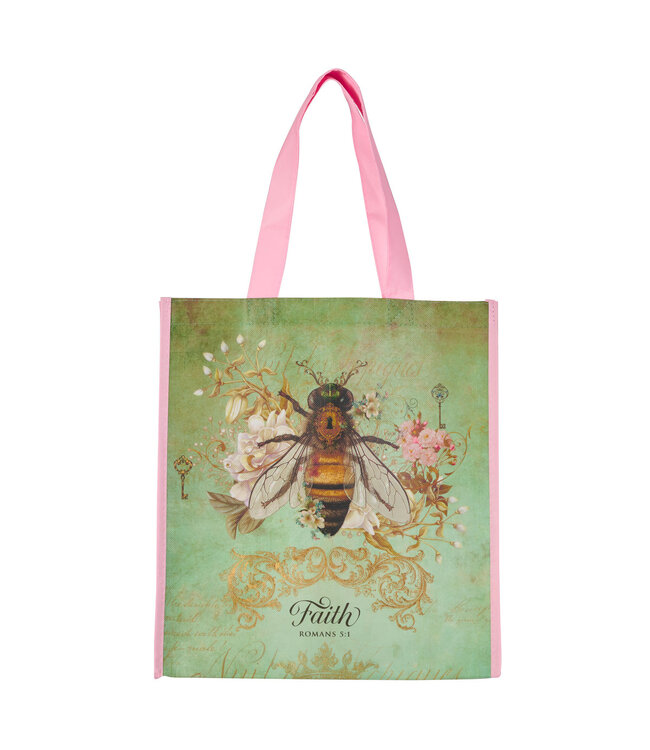 Faith Bee Green Non-Woven Coated Tote Bag - Romans 5:1 | 綠色非織造塗層環保袋 - 羅馬書 5:1