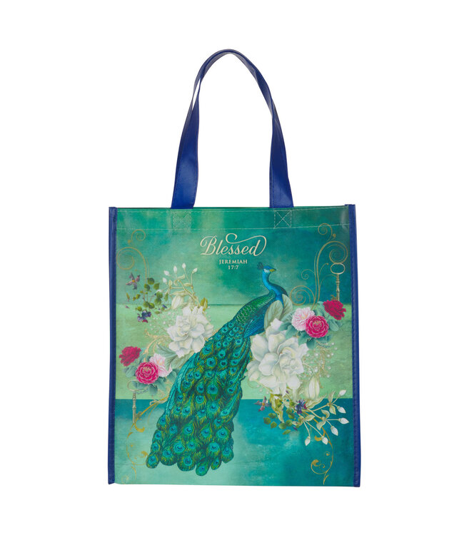 Blessed Blue Peacock Non-Woven Coated Tote Bag - Jeremiah 17:7 | 非織布塗層環保袋 - 耶利米書 17:7