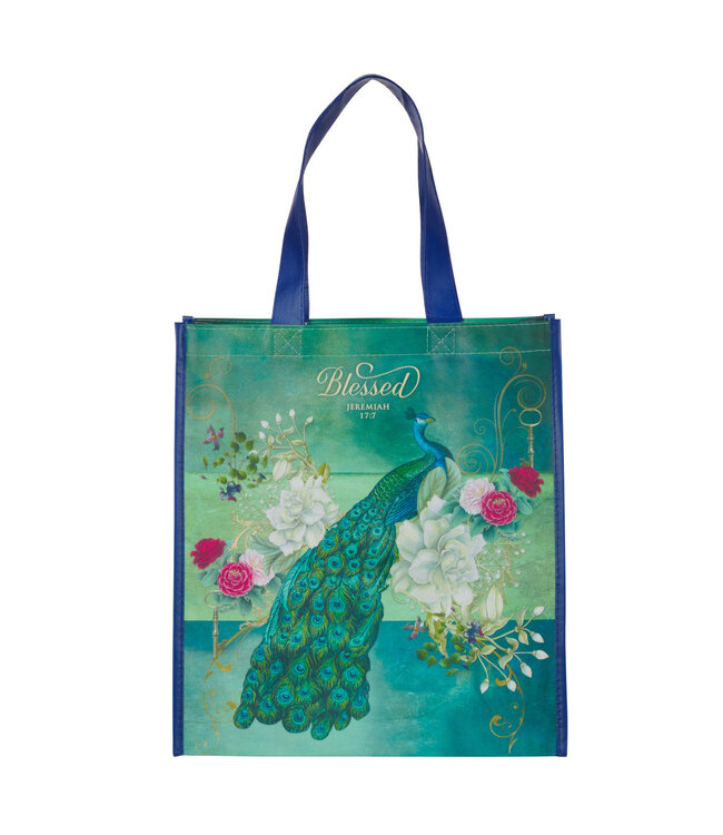 Blessed Blue Peacock Non-Woven Coated Tote Bag - Jeremiah 17:7 | 非織布塗層環保袋 - 耶利米書 17:7