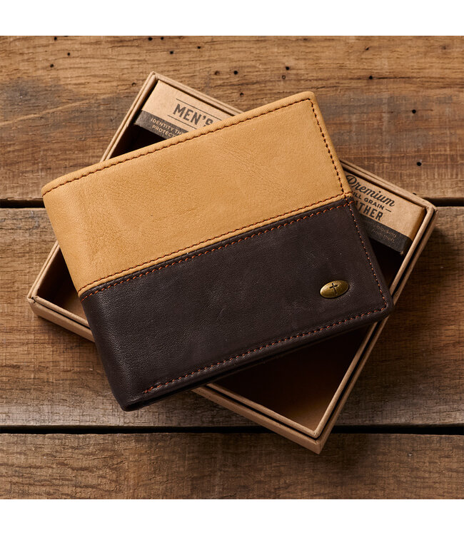 Two-tone Dark Brown and Camel Tan Leather Wallet with Cross Badge | 兩色深棕和駝色的皮革錢包，帶有十字徽章