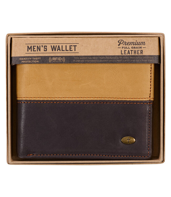 Two-tone Dark Brown and Camel Tan Leather Wallet with Cross Badge | 兩色深棕和駝色的皮革錢包，帶有十字徽章