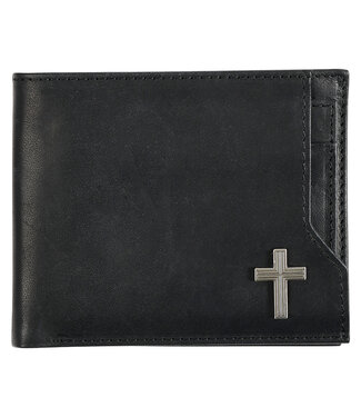 Christian Art Gifts Silver Cross Black Genuine Leather Wallet | 銀十字黑色真皮錢包