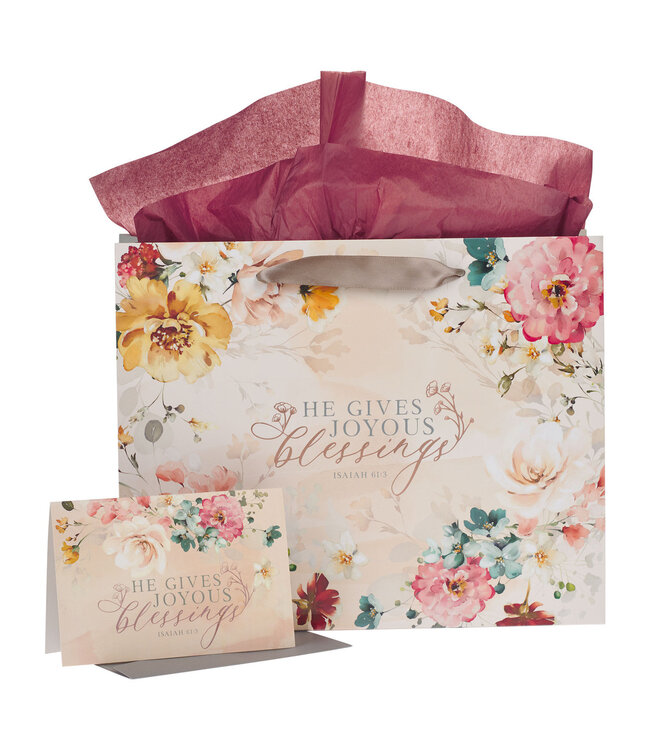 Joyous Blessings Floral Peach Large Landscape Gift Bag Set with Card - Isaiah 61:3 |  歡樂祝福桃紅色大型橫式禮物袋套裝，附有卡片 - 以賽亞書61:3