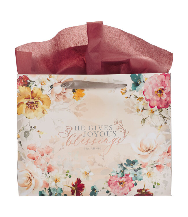 Joyous Blessings Floral Peach Large Landscape Gift Bag Set with Card - Isaiah 61:3 |  歡樂祝福桃紅色大型橫式禮物袋套裝，附有卡片 - 以賽亞書61:3