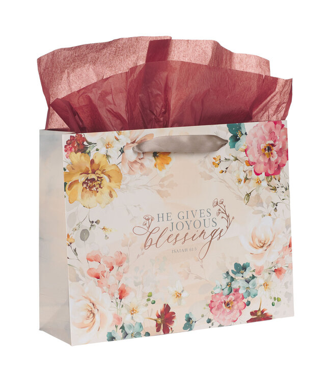 Joyous Blessings Floral Peach Large Landscape Gift Bag Set with Card - Isaiah 61:3 |  歡樂祝福桃紅色大型橫式禮物袋套裝，附有卡片 - 以賽亞書61:3