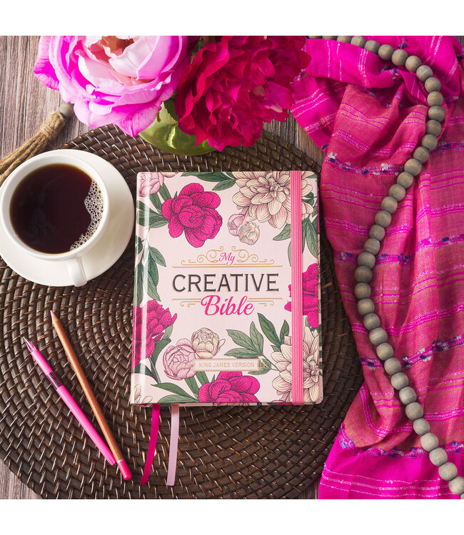 Rose-pink Floral Faux Leather Hardcover KJV My Creative Bible with Elastic Closure