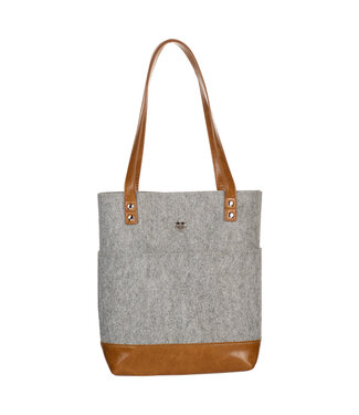 Christian Art Gifts Silver Heart Heather Gray Felt and Toffee Brown Faux Leather Fashion Bible Tote Bag | 灰色毛毯和啡色仿皮時尚聖經手提袋