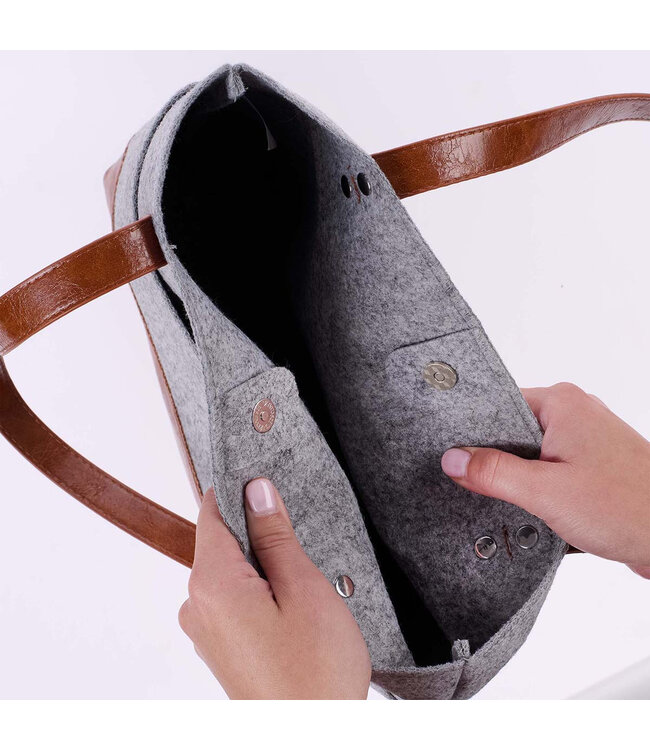 Silver Heart Heather Gray Felt and Toffee Brown Faux Leather Fashion Bible Tote Bag | 灰色毛毯和啡色仿皮時尚聖經手提袋