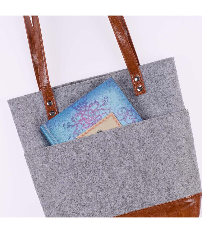 Silver Heart Heather Gray Felt and Toffee Brown Faux Leather Fashion Bible Tote Bag | 灰色毛毯和啡色仿皮時尚聖經手提袋