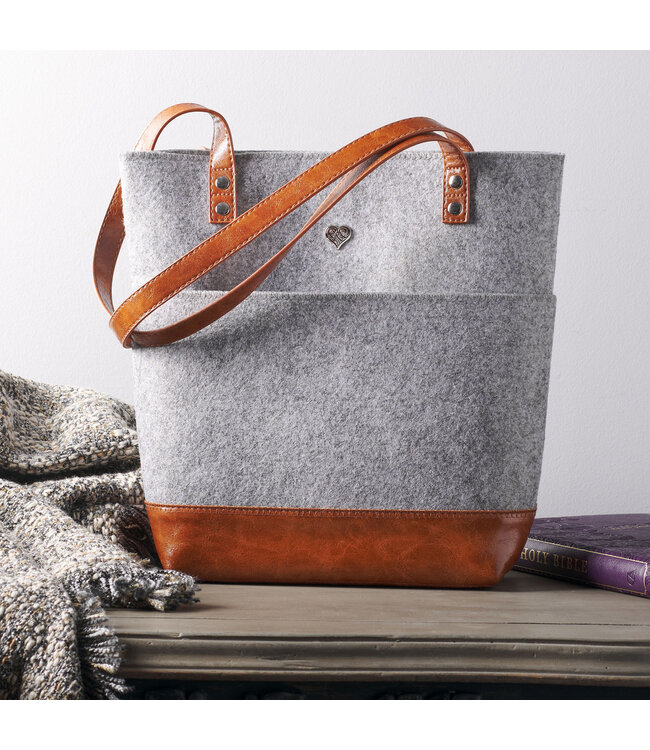Silver Heart Heather Gray Felt and Toffee Brown Faux Leather Fashion Bible Tote Bag | 灰色毛毯和啡色仿皮時尚聖經手提袋