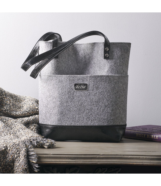 The Plans Heather Gray Felt and Black Faux Leather Fashion Bible Tote Bag - Jeremiah 29:11 | 《The Plans》灰毛氈黑仿皮時尚聖經手提袋-耶利米書29:11