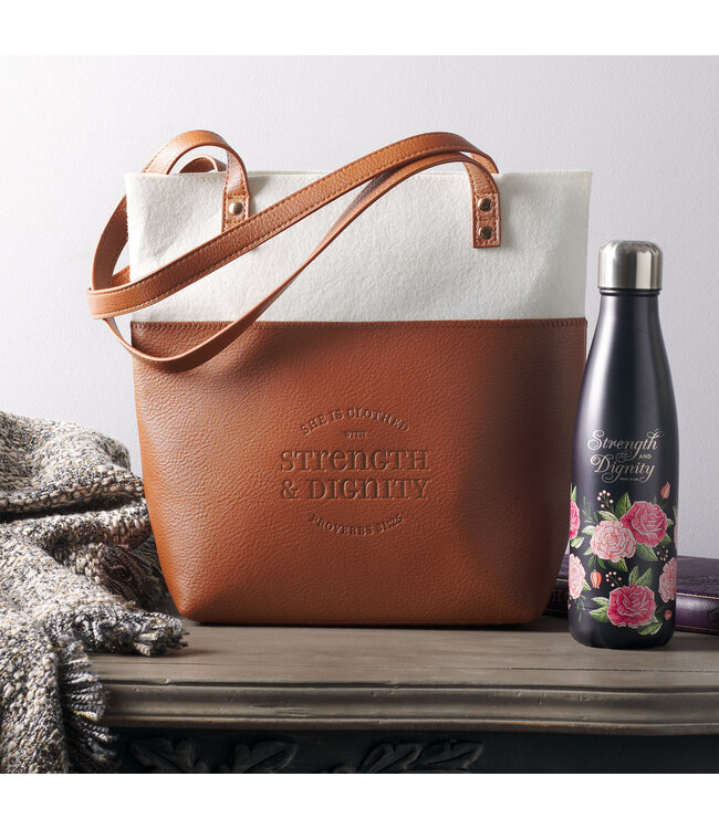Strength & Dignity Two-tone Toffee and Cream Felt Fashion Bible Tote Bag - Proverbs 31:25 時尚聖經手提袋 - 箴言 31:25