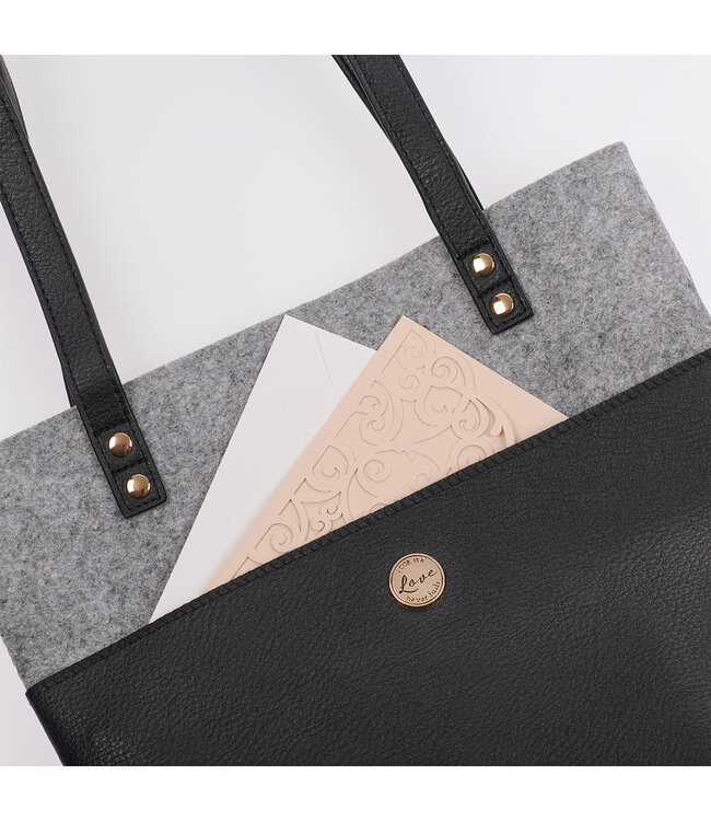 Love Never Fails Two-tone Black and Heather Gray Felt Fashion Bible Tote Bag - 1 Corinthians 13:8 | 兩色黑灰毛氈時尚聖經手提袋 - 哥林多前書 13:8