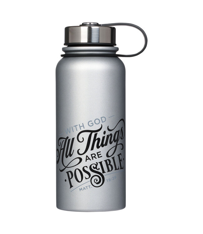 Things Are Possible Silver Stainless Steel Water Bottle - Matthew 19:26 | 銀色不鏽鋼保溫瓶 - 馬太福音 19:26