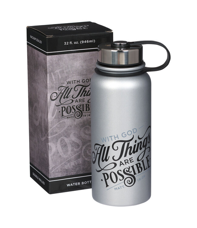 Things Are Possible Silver Stainless Steel Water Bottle - Matthew 19:26 | 銀色不鏽鋼保溫瓶 - 馬太福音 19:26