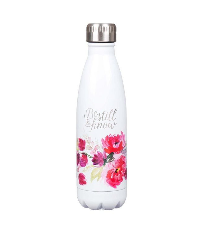 Be Still & Know White Floral Stainless Steel Water Bottle - Psalm 46:10 | 白色花卉不鏽鋼水瓶 - 詩篇46:10