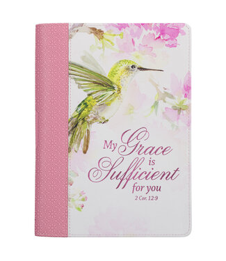 Christian Art Gifts My Grace is Sufficient Hummingbird Pink Classic Journal with Zipper Closure - 2 Corinthians 12:9 | 蜂鳥粉紅經典拉鏈日記本 - 哥林多後書 12:9