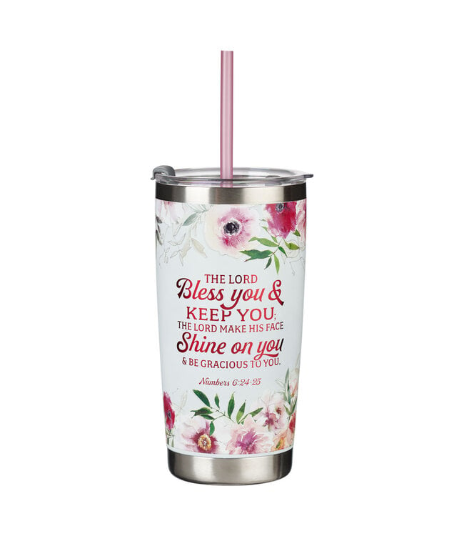 Bless You and Keep You White Floral Stainless Steel Travel Tumbler with Straw - Numbers 6:24-25 白色花卉不銹鋼旅行保溫杯（附吸管） - 民數記 6:24-25