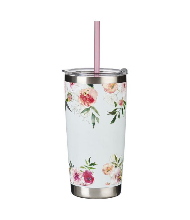 Bless You and Keep You White Floral Stainless Steel Travel Tumbler with Straw - Numbers 6:24-25 白色花卉不銹鋼旅行保溫杯（附吸管） - 民數記 6:24-25