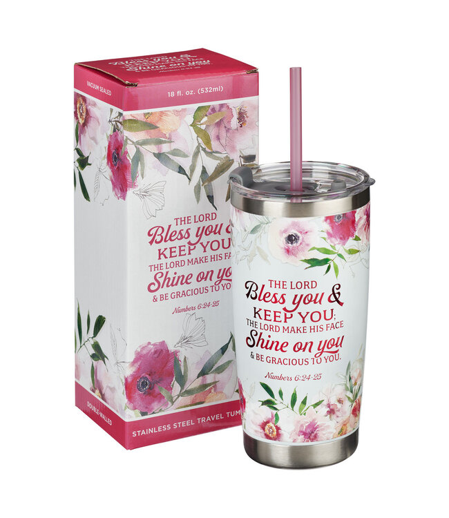 Bless You and Keep You White Floral Stainless Steel Travel Tumbler with Straw - Numbers 6:24-25 白色花卉不銹鋼旅行保溫杯（附吸管） - 民數記 6:24-25