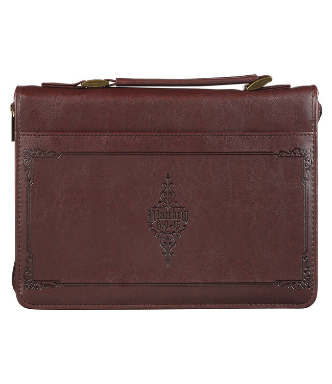 The LORD's Prayer Walnut and Burgundy Faux Leather Classic Bible Cover - Matthew 6: 9-13 仿皮拉鏈聖經套