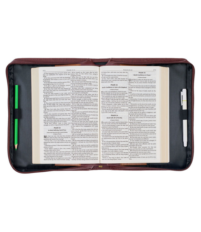 The LORD's Prayer Walnut and Burgundy Faux Leather Classic Bible Cover - Matthew 6: 9-13 仿皮拉鏈聖經套