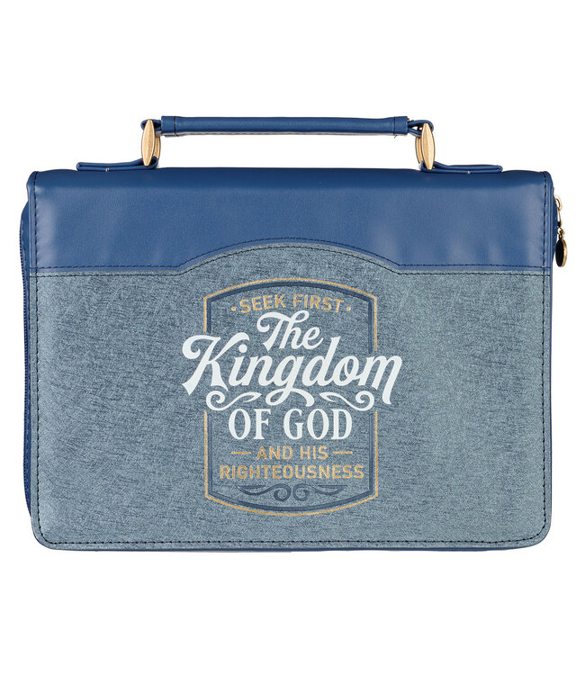 The Kingdom of God Two-tone Blue Faux Leather Fashion Bible Cover - Matthew 6:33 《上帝的國度》雙色藍仿皮時尚聖經套 - 馬太福音6:33