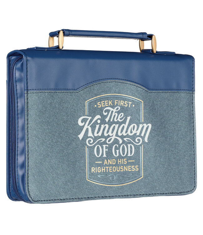 The Kingdom of God Two-tone Blue Faux Leather Fashion Bible Cover - Matthew 6:33 《上帝的國度》雙色藍仿皮時尚聖經套 - 馬太福音6:33