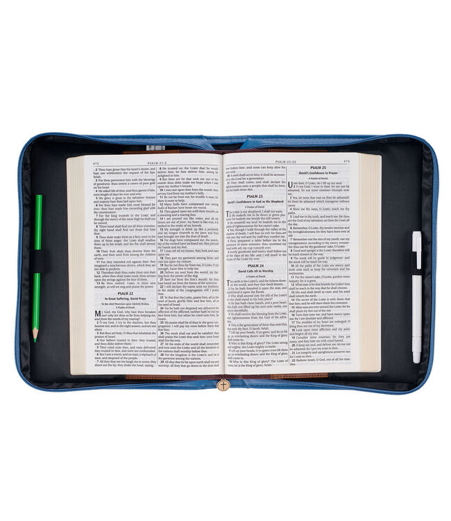 The Kingdom of God Two-tone Blue Faux Leather Fashion Bible Cover - Matthew 6:33 《上帝的國度》雙色藍仿皮時尚聖經套 - 馬太福音6:33