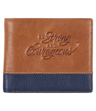 Christian Art Gifts Strong and Courageous Butterscotch and Navy Genuine Leather Wallet - Joshua 1:9 | 咖啡色和海軍藍色 真皮錢包 - 約書亞記1:9