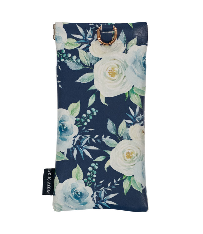 Strength and Dignity Indigo Rose Faux Leather Double Eyeglass Case - Proverbs 31:25 | 靛藍玫瑰仿皮眼鏡袋 - 箴言 31:25
