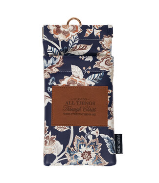 Christian Art Gifts I Can Do All Things Honey-Brown and Navy Floral Faux Leather Double Eyeglass Case - Philippians 4:13 蜜褐色海軍藍花卉仿皮眼鏡袋 - 腓立比書4:13