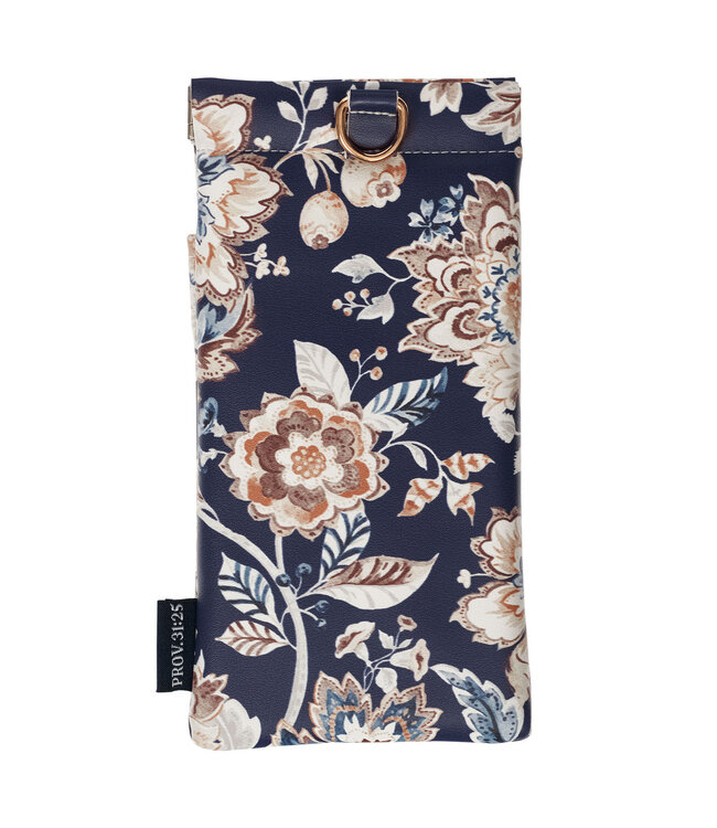 I Can Do All Things Honey-Brown and Navy Floral Faux Leather Double Eyeglass Case - Philippians 4:13 蜜褐色海軍藍花卉仿皮眼鏡袋 - 腓立比書4:13