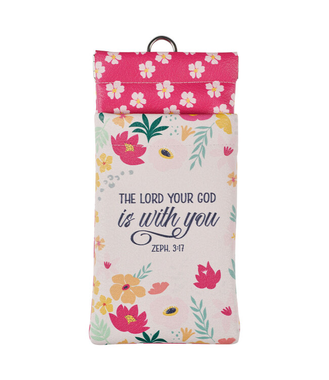 Lord is With You Pink Floral Faux Leather Double Eyeglass Case - Zephaniah 3:17 粉色花卉人造皮雙眼鏡袋 - 西番雅書 3:17
